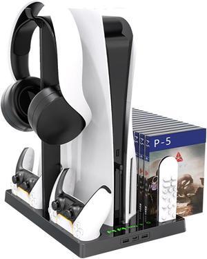 Vertical Stand with Headset Holder and Cooling Fan Base for PS5 Console & Playstation 5 Accessories, 1 Headphone Stand, 2 Controller Chargers, 15 Game Disc Slots and 1 Media Remote Organizer