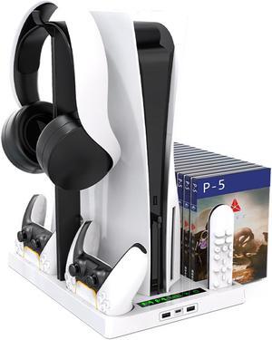 Vertical Stand with Headset Holder and Cooling Fan Base for PS5 Console & Playstation 5 Accessories, 1 Headphone Stand, 2 Controller Chargers, 15 Game Disc Slots and 1 Media Remote Organizer