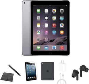Refurbished Apple iPad Air 2 A1566 WiFi 16GB Space Gray Bundle w Case Bluetooth Earbuds Tempered Glass Stylus Charger