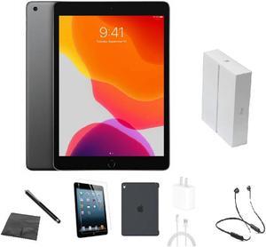 Apple iPad 7th Gen A2197 (WiFi) 32GB Space Gray Bundle w/ Case, Box, Bluetooth Neckband Earbuds, Tempered Glass, Stylus, Charger