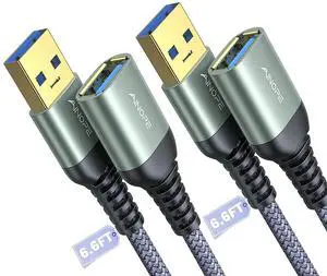 KEHIPI 2 Pack USB Extensions Cable High Speed USB 3.0 Extension Cord Type A Male to Female Sturdy Braided Material Fast Data Transfer Compatible with USB Keyboard,Mouse,Flash Drive,Grey,6.6FT+6.6FT