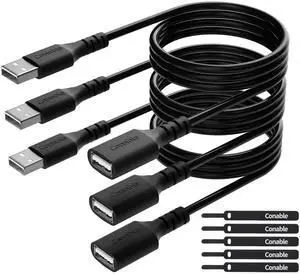 3 Pack USB Extension Cable 15 FT, USB 2.0 Type A Male to Female Extender Cord Adapter, Compatible with Printer, Keyboard, Mouse, Flash Drive, Hard Drive, Controller, Black Cable with 5 Cable Ties