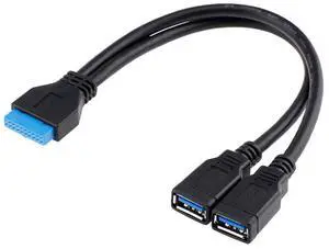 Vszerda USB 3.0 Front Panel Header 19/20Pin 1 Male to 2 USB 3.0 Female Y Splitter Mainboard Header Port Extension Cable Adapter 20CM