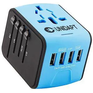 _Mega Brand Universal Travel Adapter, International Plug Adapter Fast 2,4A 4-USB European Power Plug, AC Wall Charger  Worldwide Outlet for Europe US USA UK EU AUS, Blue