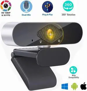 Portholic Full HD 1080p Webcam, Webcam with Microphone Streaming Computer Web Cam for PC Laptop Desktop 360 Degree Rotation Computer Camera Highly Compatible with Win10/8/8.1/7/XP Linux Mac