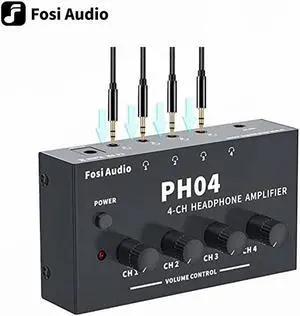 Fosi Audio PH04 4 Channel Headphone Amplifier Stereo Audio Amp with 12V 1A Power Adapter Ultra-Compact Portable Headphone Splitter for Studio and Stage