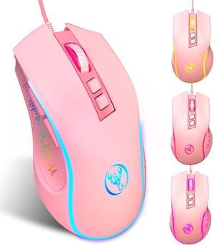 HXSJ X100 Ergonomic USB Wired Gaming Mouse for Girls with 7 Colorful Breathing Lights, Adjustable DPI - Pink