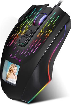 HXSJ J500 Personalized Photo Display Ergonomic Gaming USB Optical Mouse for PC Gamers Office Home (10000DPI, Macro Programming, 9 RGB Backlit)