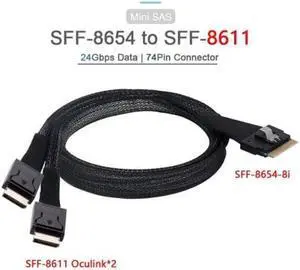 PCI-E Ultraport Slimline SAS Slim 4.0 SFF-8654 8i 74pin to Dual Oculink SFF-8611 Cable 50cm PCI-Express