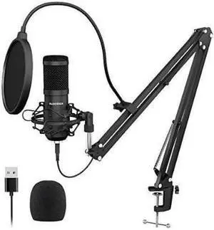 USB Streaming Podcast PC Microphone professional 192KHZ24Bit Studio Cardioid Condenser Mic Kit with sound card Boom Arm Shock Mount Pop Filter for Skype YouTuber Karaoke Gaming Recording