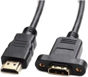 Bluwee HDMI Extension Cable High Speed HDMI Male to Female Extension Wire Cord HDMI Extender w/Screw Nut for Panel Mount - Gold Plated Plugs Black (1FT)