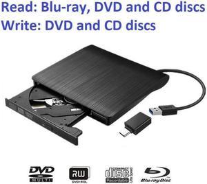 Portable External 3D Blu-ray Drive Slim USB 3.0 and Type-c Bluray CD/DVD Burner Blu Ray Player - Supports Burning Blu-ray Disc - Brushed Metal Texture - for Mac PC Windows11/10/8/7 Linux OS