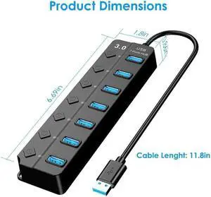 USB 3.0 Hub Splitter 7-Port High-Speed 5Gbps USB Data Extender with Individual ON/OFF Switch, Suitable for PC Computers