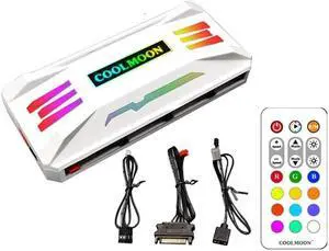 COOLMOON Pwm Fan Temperature Controller Integrator, Remote Control PC RGB Light Adapter, 8*4pin Fan Speed Controller Port, 10*5v 3pin A-RGB Port with Magnet (White)