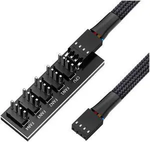 Motherboard PWM Fan Hub Splitter, 4 Pin Black Sleeved 5 Way PC CPU Cooling Case Fan Extension Splitter Adapter Cable 35cm/14inch for Computer Cooler Case Fans