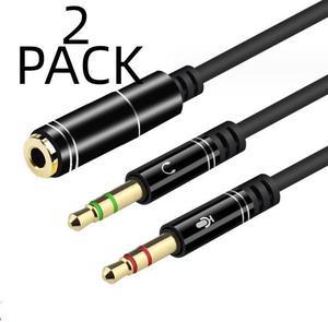 2 Pack Cablecc Black Dual 3.5mm Male to Single Female Headphone Microphone Audio Splitter Cable for Cell Phone & Tablet & Laptop