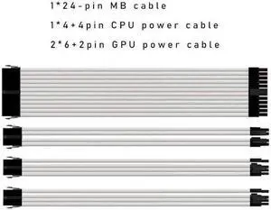 Mod Sleeved Cable, White Power Supply Cable Extension Kit, 24PIN ATX, 4+4 PIN EPS, Dual 6+2 PIN PCIE(11.81") Mod Sleeved Cable, White Power Supply Cable Extension Kit, 24PIN ATX, 4+4 PIN EPS, Dual 6+2 PIN PCIE(11.81")