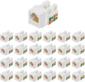 Cat6 RJ45 90-Degree Keystone Jack, Punch Down Keystone Jack Adapter White (25 Pack)