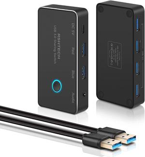 USB 3.0 Switch RSHTECH Aluminum USB Switch Selector with 4 USB 3.0 Ports, 3.5mm Audio Jack, 2 Computers Sharing 5 Peripheral Devices, USB KM Switcher hub with 2 USB Cable for Keyboard, Mouse, Printer