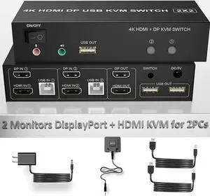 DisplayPort HDMI Dual Monitor KVM Switch 4K@60Hz 2 in 2 Out Displayport and HDMI KVM Switch 2 Computers Share 2 Monitors and one Set of Keyboard, Mouse, 2xUSB Cables and 1xController