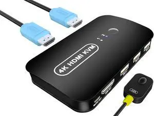 HDMI KVM Switch 2 Port - KVM Switch HDMI, Monitor Switch for 2 Computers,USB Switch Selector for 2 Computers Share Keyboard Mouse,Flash Drive, Support 4K@30Hz, 2 KVM Cables 1 Desktop Controller