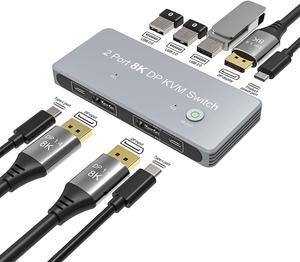 2 Port DisplayPort 1.4 8K KVM Switch DP 2 PC Input 1 DP Output DisplayPort Monitor 2In 1Out 8K@60Hz 4K@144Hz with 3X USB2.0 Port 2 PC Sharing one USB Keyboard Mouse U disks