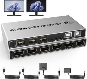 Dual Monitor KVM Switch HDMI 2 Port, 4K@60Hz Extended Display 2 Monitors 2 Computers KVM Switch with 3 USB Ports and Audio Microphone Output, PC Monitor Keyboard Mouse Printer Switcher