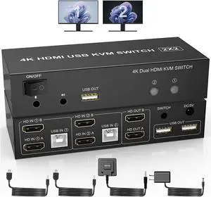 HDMI KVM Switch Dual Monitors 2 Computers, 4K@60Hz Extended Display 2 Ports HDMI KVM Switch 2 Monitors 2 Computers with 3 USB Ports and Audio Microphone Port, PC Monitor Keyboard Mouse Switcher