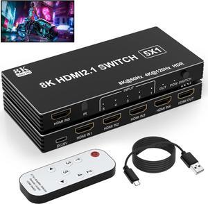 8K HDMI Switch 5 in 1 Out, 5 Port HDMI Splitter with IR Remote HDMI Switcher Selector Box Support 8K@60Hz 4K@120Hz, HDMI 2.1 Switch Compatible with PS 5/4/3 Xbox Switch Roku TV Fire Stick PC