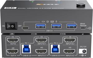 8K HDMI KVM Switch 2 Monitors 2 Computers 8K@60Hz 4K@144Hz, Camgeet Dual Monitor KVM Switch with 4 USB 3.0 Hub for Keyboard Mouse Printer,Wired Remote,12V Power Adapter and USB Cables Included