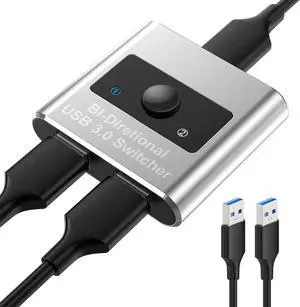 USB 3.0 Switch Selector, Bi-Directional USB Switch 2 in 1 Out / 1 in 2 Out, Aluminum USB Switcher 2 Computers Share 1 Device for Printer, Keyboard, USB Sharing Switch with 2 USB 3.0 Cables(4.9ft)