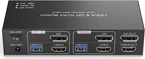 HDMI+Displayport KVM Switch 2 Monitors Computers 4K@60Hz Switcher for Two PC Share Dual and 4 USB 3.0 Ports Support Extended/Copy Mode with Desktop Controller&2 Cables by DT