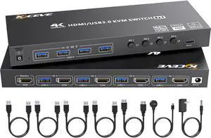 HDMI KVM Switch 4 Computers 4K@60Hz 2K@120Hz, Simulation EDID,  4 Port USB3.0 KVM Switches for 4 PC Share 1 Monitor and Keyboard Mouse Printer,with Wired Remote,12V Power Adapter and 5 Cables