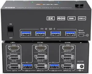 KVM Switch 3 Monitors 2 Computers 8K@60Hz 4K@144Hz, 2 Displayport + HDMI USB3.0 KVM Switch Triple Monitor with 4 USB 3.0 Port for Keyboard Mouse, Wired Remote,Power Adapter and 5 Cables Included KVM Switch 3 Monitors 2 Computers 8K@60Hz 4K@144Hz, 2 Displayport + HDMI USB3.0 KVM Switch Triple Monitor with 4 USB 3.0 Port for Keyboard Mouse, Wired Remote,Power Adapter and 5 Cables Included