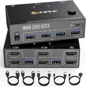 Ennovor KVM Switch for 2 Computers 2 Monitors, NAWEN USB 3.0 HDMI Dual Monitor KVM Switcher with Simulation EDID Support 4K@60Hz 2K@144Hz for 2 PC 2 Monitors