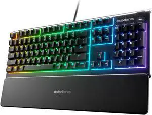SteelSeries Apex 3 RGB Gaming Keyboard  10-Zone RGB Illumination  IP32 Water Resistant  Premium Magnetic Wrist Rest (Whisper Quiet Gaming Switch)