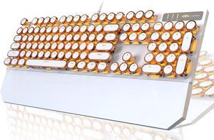 Typewriter Style Mechanical Keyboard, Retro Punk Gaming Keyboard with Gold LED Backlit, Cute Wired Keyboard,104 Keys Full Size Keyboard, Uique Round Keycaps for Windows/Mac/PC(White&Gold)