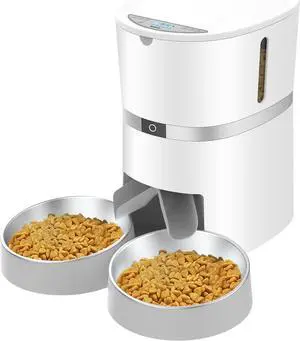 Automatic Cat feeder, WellToBe Pet Feeder Food Dispenser for Cat & Small Dog with Two-Way Splitter and Double Bowls, up to 6 Meals with Portion Control, Voice Recorder - Battery and Plug-in Power