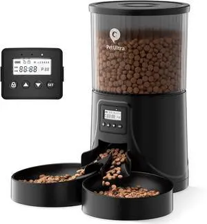 Dual Automatic Cat Feeder: Cat Feeder Automatic for 2 Cats- Timed Auto Feeder 16 Cups/4L Cat Food Dispenser& Dual Power Auto Pet Feeder for Indoor Cat&Dog| 1-6 Meals Portions Control, Black