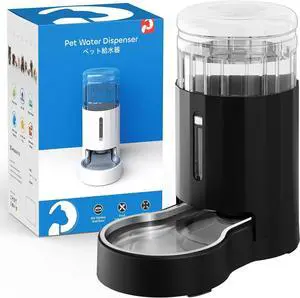 4L Cat Water Dispenser, Automatic Gravity Cat Water Bowl, Visible Window, Safe and Unplugged for Pet Cat Dog (Black, 4L+Stainless Steel Bowl)