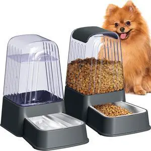 Automatic Dog and Cat Food Feeder and Water Dispenser Set with Stainless Steel Bowls,Gravity Pet Food and Water Feeders,100% BPA-Free,Large Capacity for Cats Dogs Pets (5L dark gray)