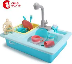CUTE STONE Color Changing Kitchen Sink Toys, Children Heat Sensitive Electric Dishwasher Playing Toy with Running Water, Automatic Water Cycle System Play House Pretend Role Play Toys for Boys Girls