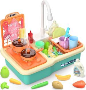 Kitchen Sink Toys with Running Water Play Sink with Upgraded Electric Faucet Play Cooking Stove Pot and Pan WSpray Realistic Light  Sound Kids Kitchen Role Play Dishwasher Toys
