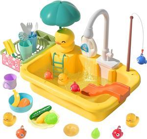 CUTE STONE Play Sink with Running Water Kitchen Sink Toys with Upgraded Electric Faucet Play Food Toys Pool Floating Fishing Toys for Water Play Role Play Dishwasher Toy
