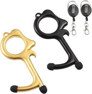 2-Pack Door Opener, Touchless Clean Key with Retractable Keychain Gold/ Black