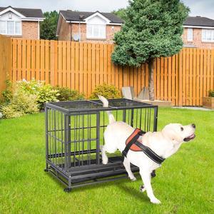 Dog Crate Large Kennel Heavy Duty Pet Cage w/Wheels  Tray Black Portable Large