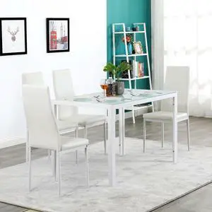 5 Piece Dining Table Set White Glass and 4 Chairs Faux Leather Kitchen Furniture