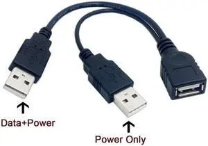 CY Black USB 2.0 Female A to Dual A Male Extra Power Data Y Extension Cable for 2.5" Mobile Hard Disk U2-231-BK