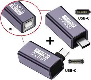 Jimier 2pcs/lot USB 2.0 B Type Female to Type-C Male Angled & Straight Extension Adapter for Printer Phone Disk