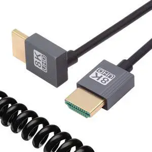 CY HDMI 2.1 Male to HDMI Male 8K 60hz Stretch Coiled Cable Down Angled 90 Degree for HDTV Computer Laptop Monitor